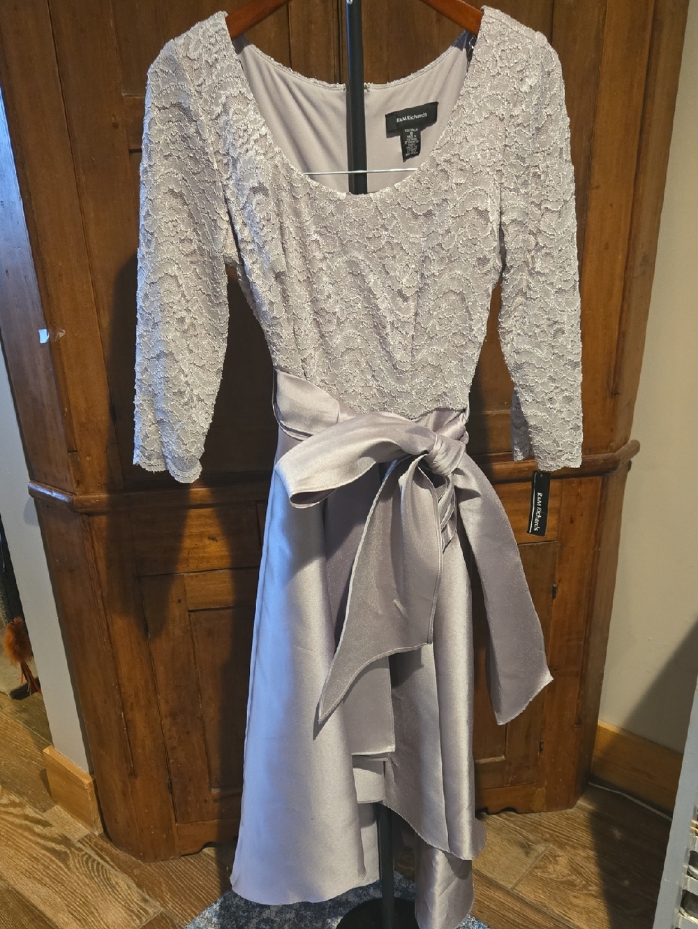 R&M Richards Silver Lace Bodice Satin Skirt Dress with Bow